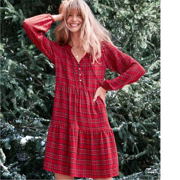 LOFT Ann Taylor Shimmer Red Plaid Tiered mini Dress size large gold buttons tie - Picture 2 of 16